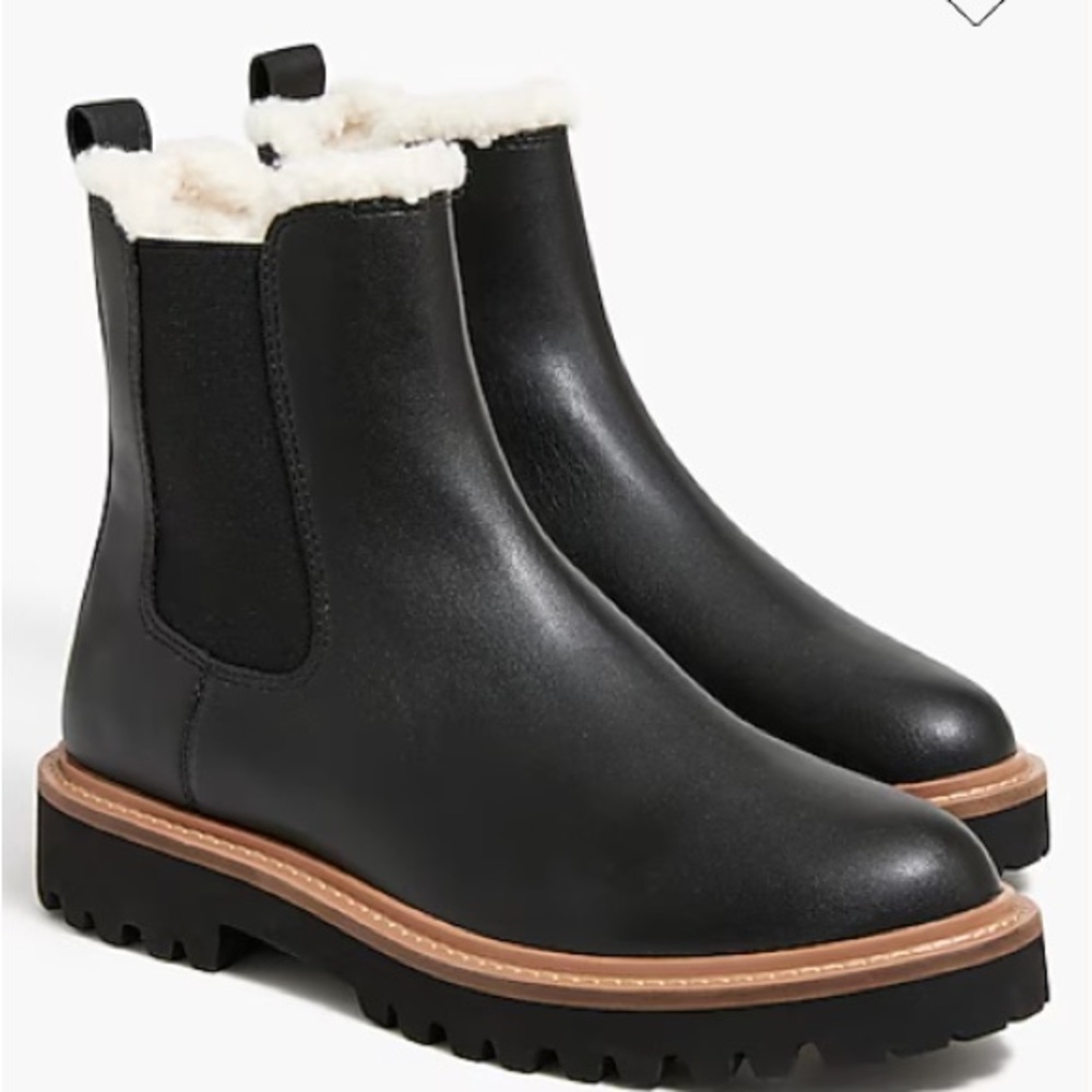 JCrew Lug Sole Chelsea Leather Ankle Boots with Shearling Lining